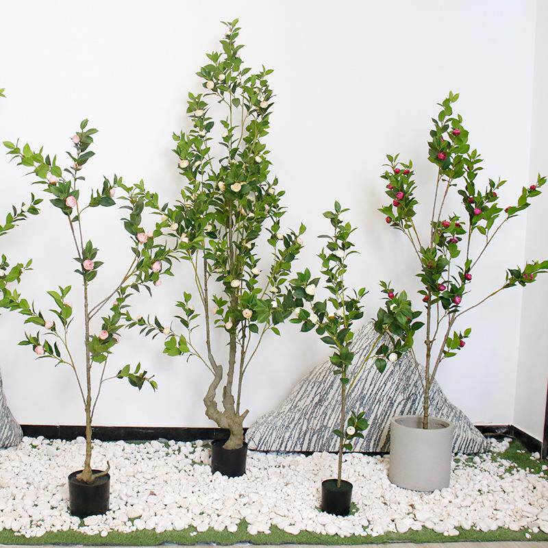 现货山茶花树仿真落地绿植假盆栽商场服装店橱窗造景仿真茶树厂家