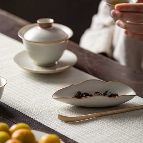 复古汝窑茶则陶瓷茶道二件套茶拨茶荷功夫茶具配件茶艺赏茶盒套组