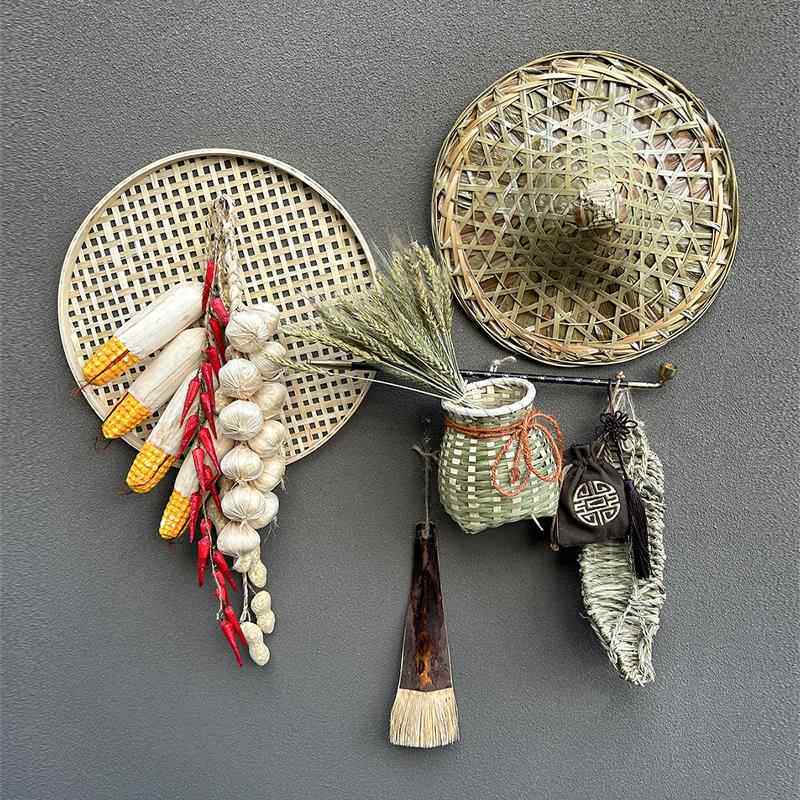 竹编鱼篓怀旧挂件农家乐装饰簸箕斗笠草鞋仿真农作物餐厅农具道具