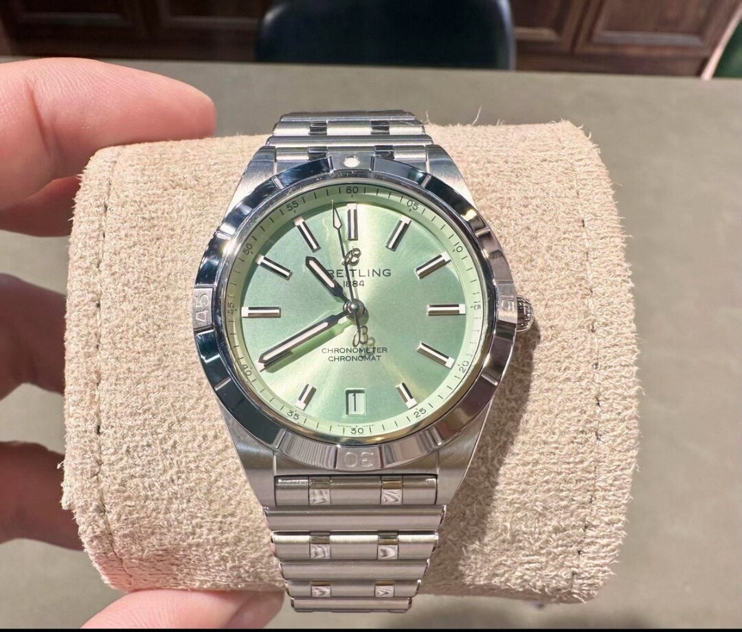 全套99新36mm百年灵机械计时薄荷绿A10380101自动机械女表正品