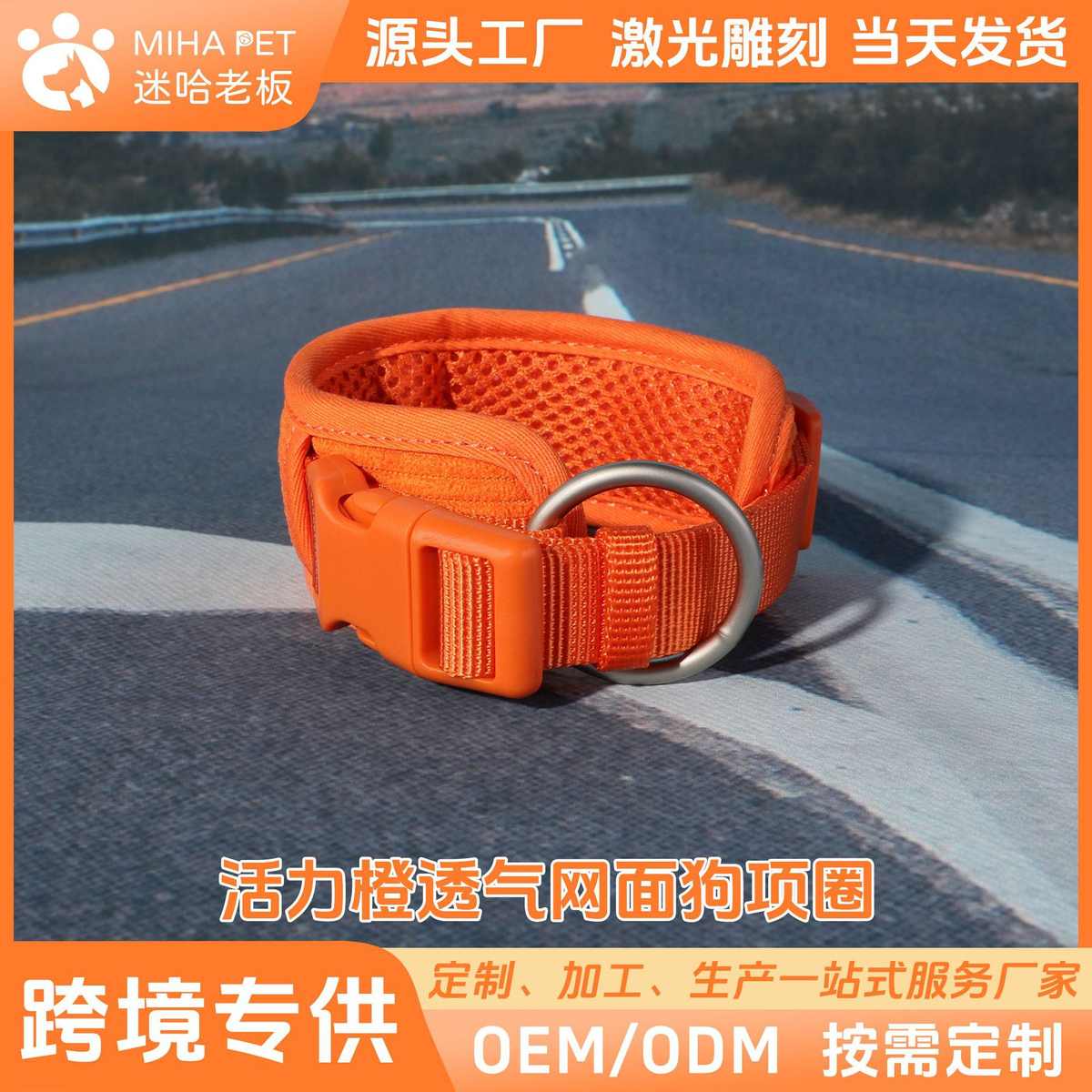 一件代发刻字迷哈老板新款舒适透气内网面活力橙条绒宠物狗狗项圈