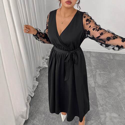 Elegant Plus Size Deep V Neck Lace Patchwork Long Dress