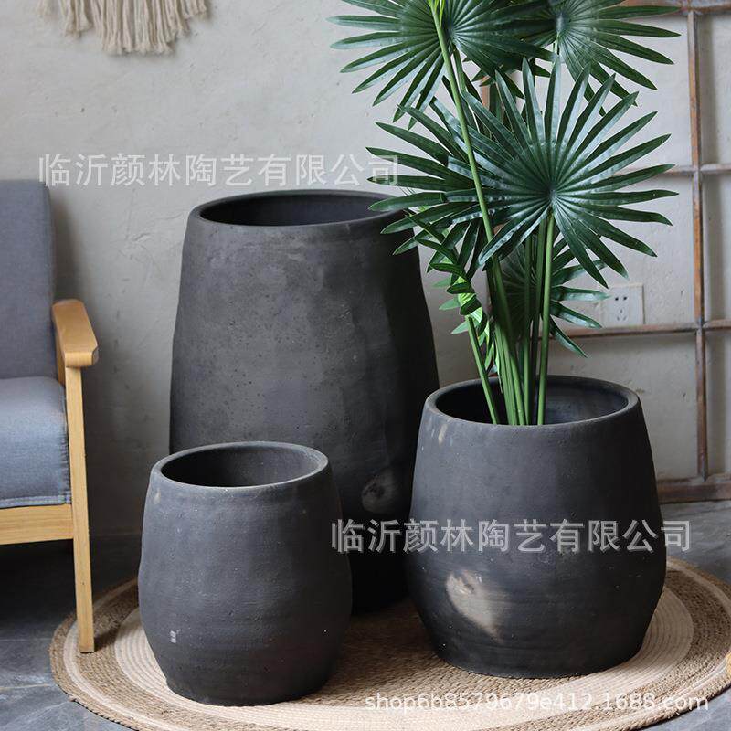 侘寂风黑陶缸复古字画陶罐花园造景园林手工土陶透气大型民宿装饰