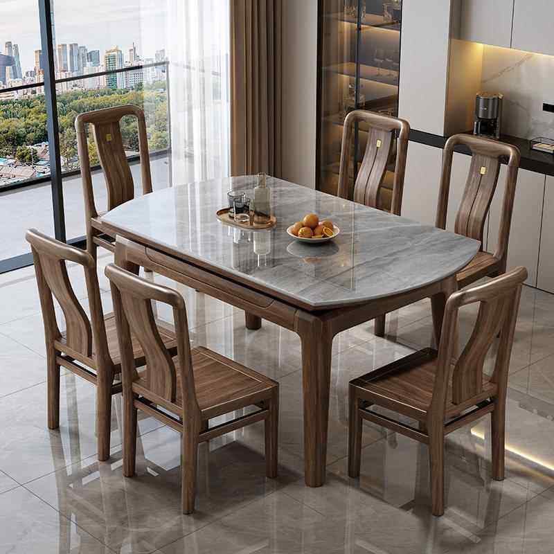 北美胡桃木岩板实木餐桌椅组合家用小户型可伸缩折叠可变圆桌子