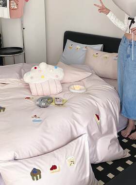 100S高支全棉四件套 粉色少女毛巾绣可爱长绒棉贡缎纯棉床单床笠