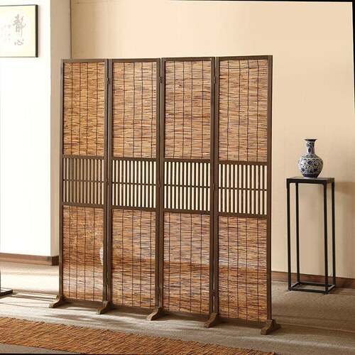 新中式苇实木屏风芦隔玄关客FS7576T5厅小户型简茶室复古折屏约茶