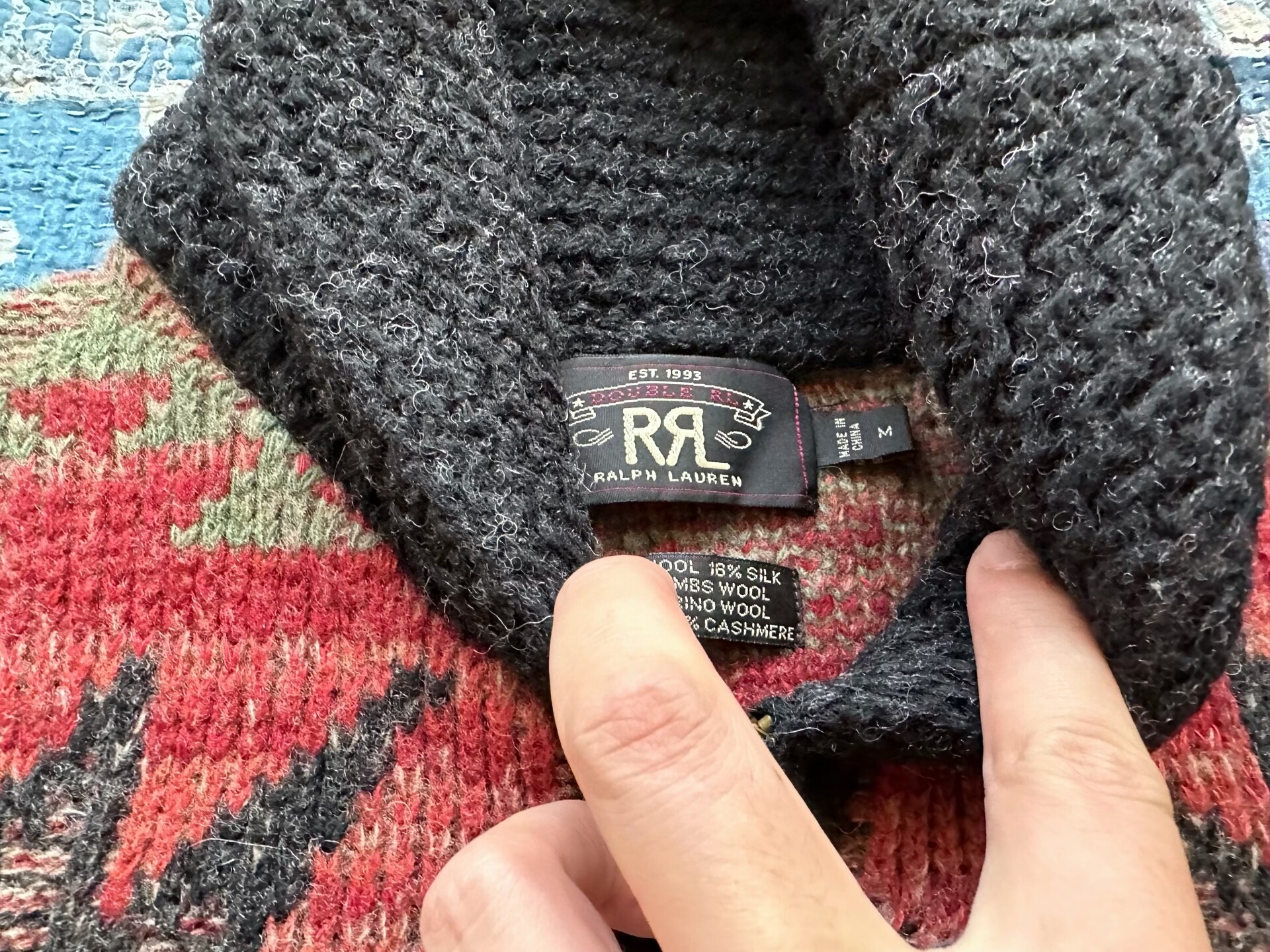 RRL Geometric Pattern Zip-Up Sweater — detail