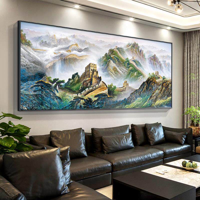 字画靠山风水背景墙万里长城客厅挂画壁画山水国画装饰图办公室画