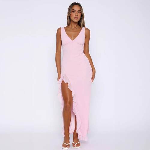 Deep V-Neck Low Back High Slit Ruffle Flare Dress Casual