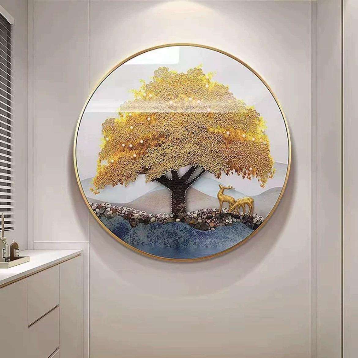 圆形发财树装饰画轻奢大气入户玄关装饰画高端实物挂画立体壁画