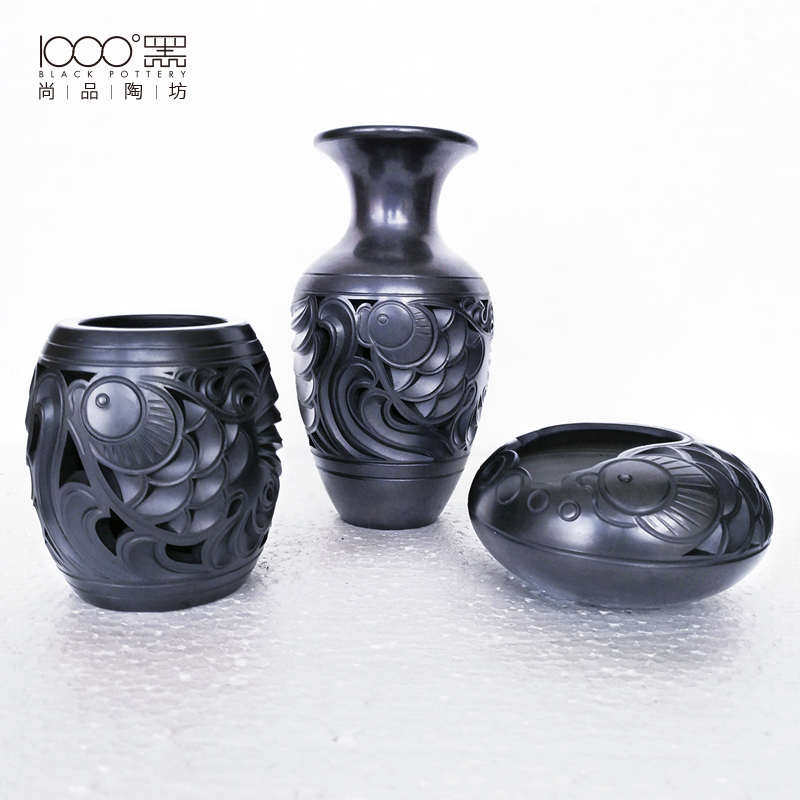 中国风特色手工艺品黑陶鱼纹套三外事商务会议纪念礼品送领导老外,特色手工艺,其他,淘宝优惠券,粉丝福利购,淘宝优惠卷
