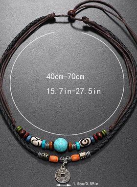 Turquoise beaded woven leather necklace Men