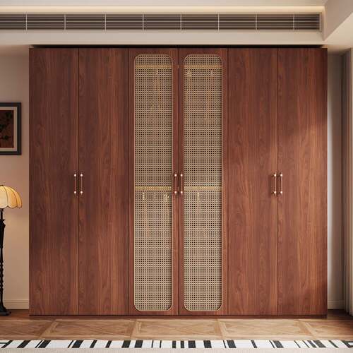 中古风实木衣柜家用卧室藤编门收纳储物衣帽柜大容量六门衣橱复古