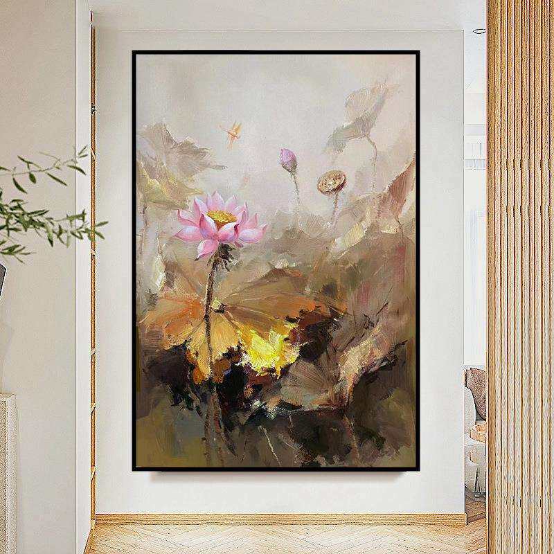 纯手绘印象派新中式油画荷花玄关装饰画走廊过道竖版挂画花卉壁画