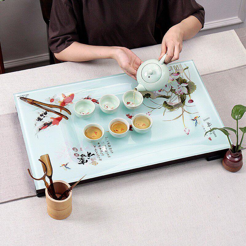钢化玻璃茶盘琉璃简约功夫托盘茶具排水式 家用 办公用茶台茶单层
