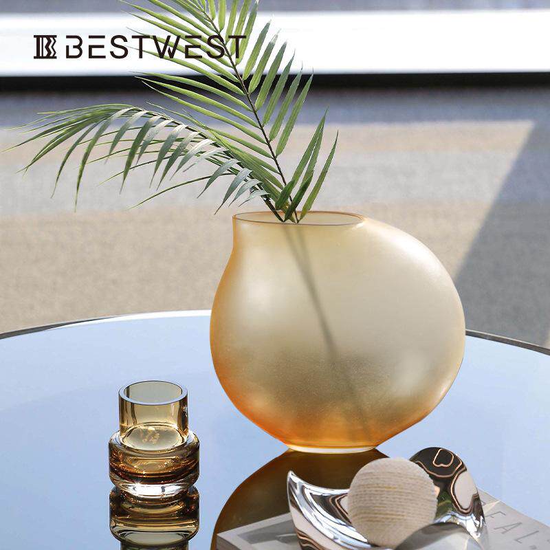 花瓶west磨砂best半透明装饰品圆形北欧家居玻璃摆件焦  糖色小口