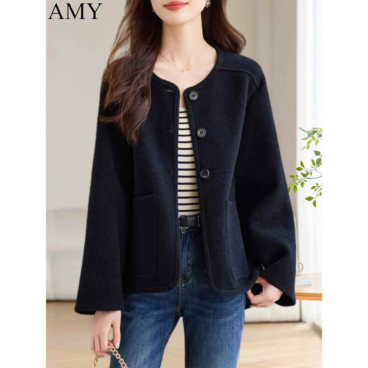 2025新款慵懒黑色圆领通勤毛呢外套时尚早秋小众口袋减龄上衣女装