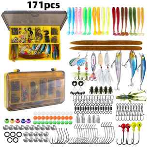 171件/盒T尾软饵旋转复合亮片三本钩铅头钩开口咬铅曲柄钩套装盒