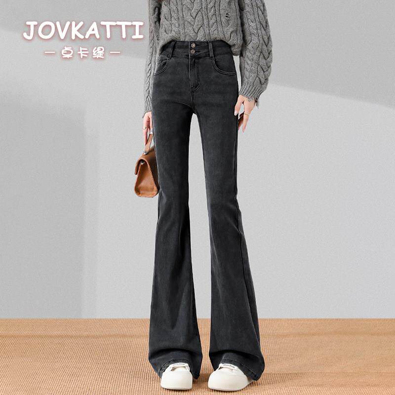 JOVKATTI双排扣高腰修身显瘦弹力微喇牛仔裤女2025早秋新款喇叭裤