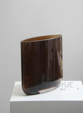 简约扁口棕色琉璃花瓶现样板间民宿书房台面现代简约家居装饰