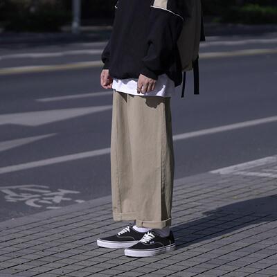 GOGOSOON新品男休闲 裤纯色卷边宽松直筒chic百搭学生覆古长裤