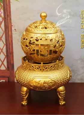 黄铜九转乾坤四大神兽香炉时来运转佛香炉家用客厅办公室桌面摆件