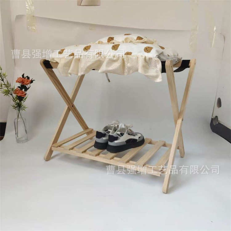 现货实木行李箱收纳架双层酒店民宿玄关鞋架落地可折叠木质行李架