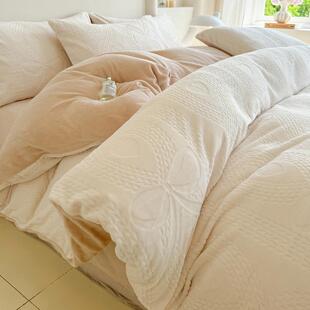 新款 A类纯色牛奶绒四件套秋冬加厚雕花绒三件套珊瑚绒床单被套绒