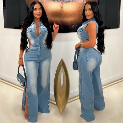 Tight waist elastic wash denim jumpsuit straight leg