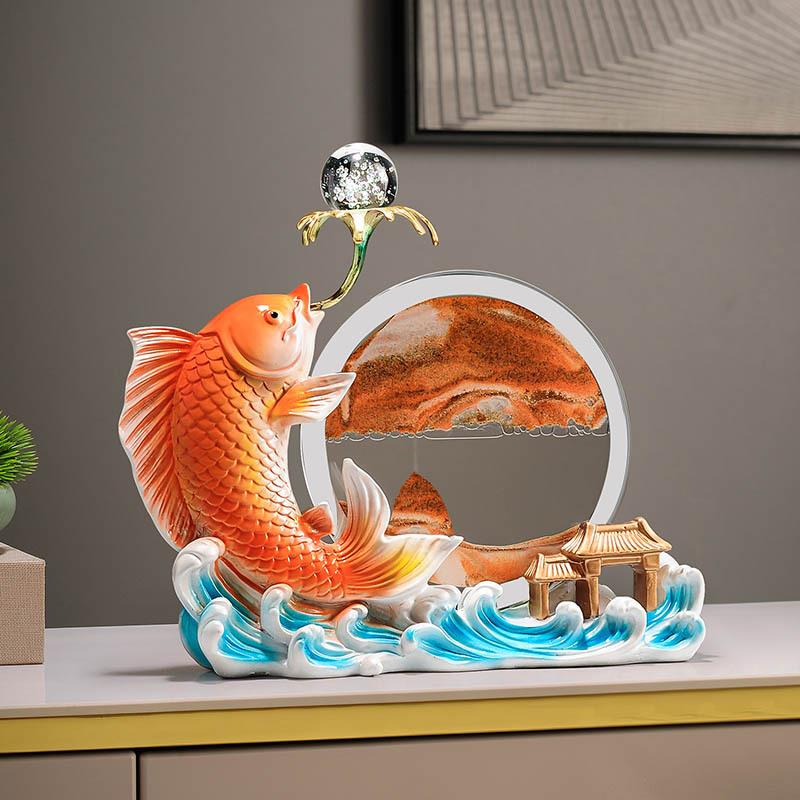 新中式年年有余金鱼摆件创意玄关酒柜流沙画装饰品树脂工艺品