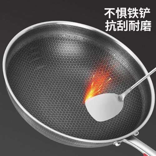 跨境热卖蜂窝不锈钢炒锅无涂层不粘锅电磁炉通用家用炒锅平底锅