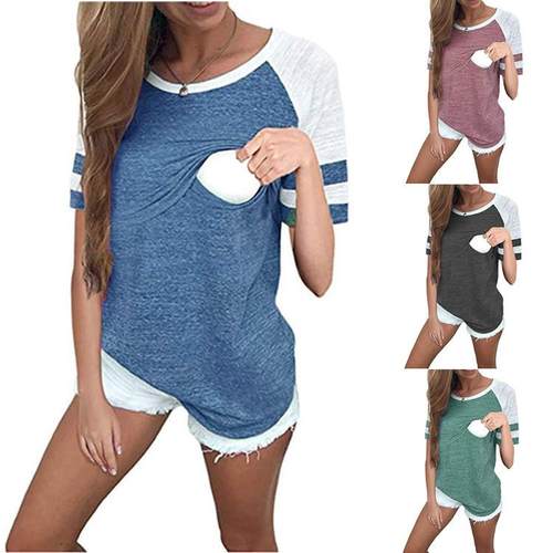 Top Nursing Sleeve Short Colorblock Neck Round T-Shirt