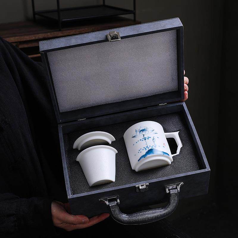 德化白瓷手绘高档羊脂玉瓷素烧三件套茶水分离陶瓷茶杯办公杯