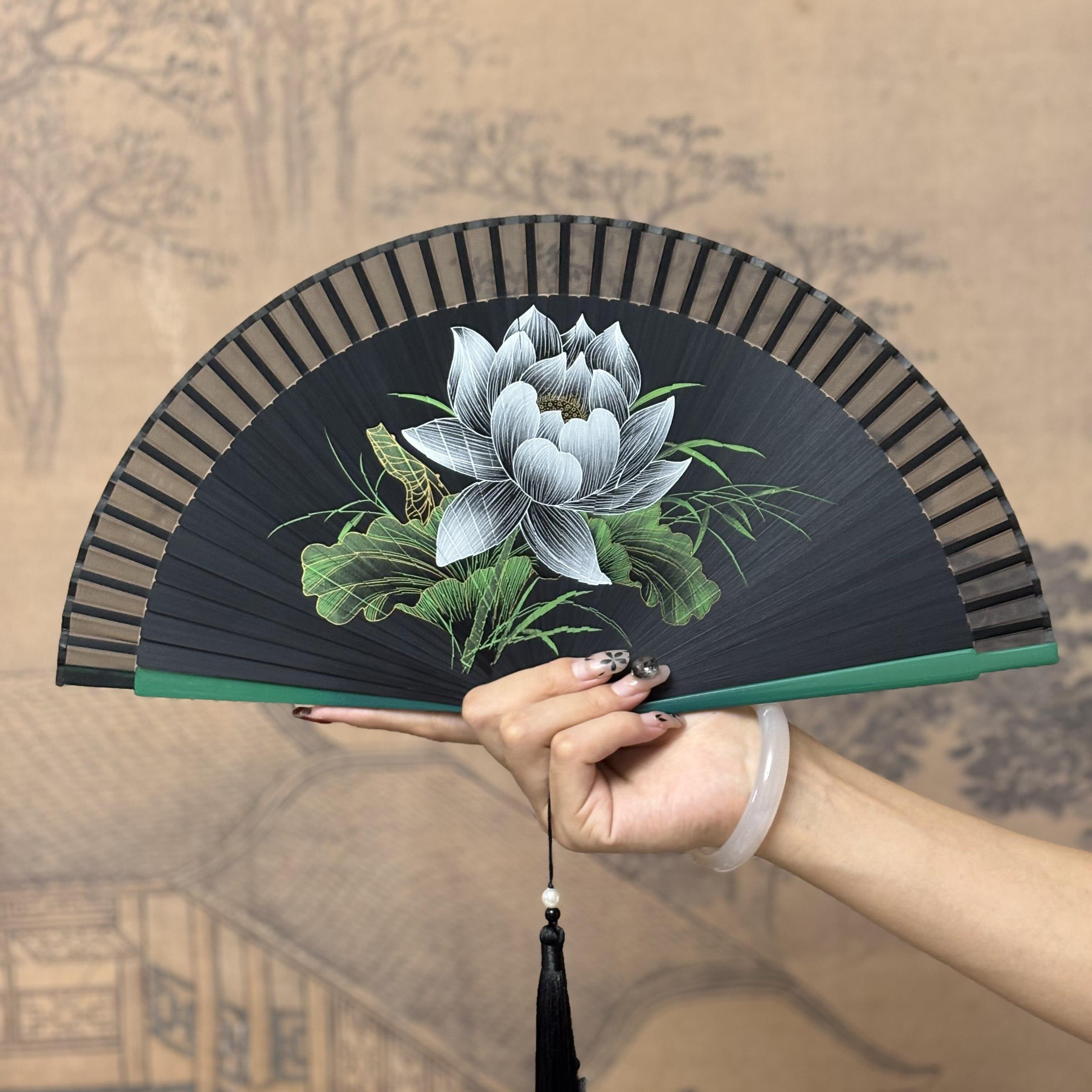中式古风古典荷花折扇黑色流苏舞蹈表演道具手工竹扇礼品