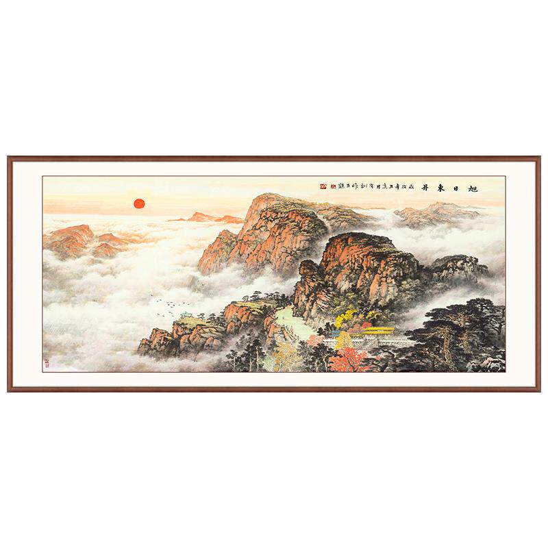 中式客厅沙发背景靠山画有山无水纯手绘国画泰山日出办公室挂画