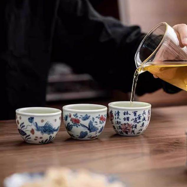 杯复古功夫茶具主人杯草木灰青花普洱单压手红茶陶瓷茶杯杯品茗杯