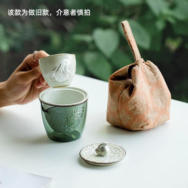 纯手绘描银旅行茶具套组创意浮雕功夫茶具可携式一壶二杯快客杯