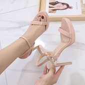 裸色一字带露趾凉鞋 细跟高跟鞋 百搭10cm防水台小码 夏季 313233女鞋
