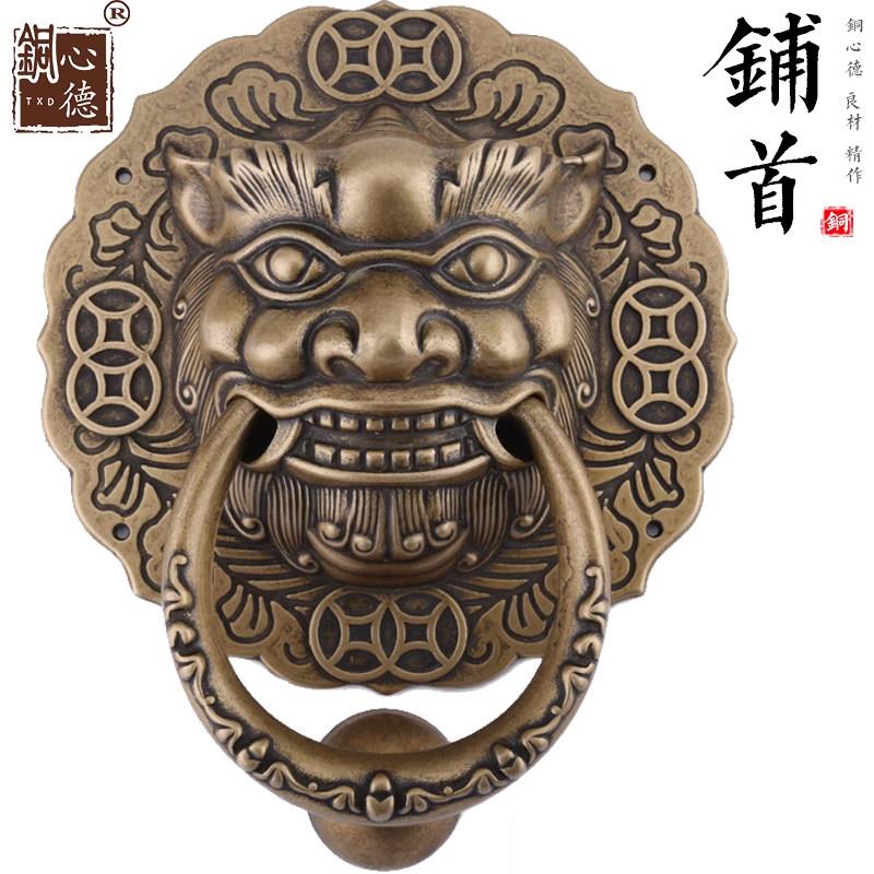 黄铜仿古狮子门环中式复古大门拉把古铜色兽头门拉手木门复古把手