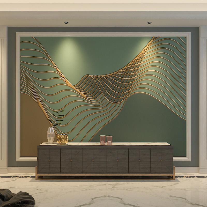 绿色线条电视背景墙壁纸简约现代客厅卧室轻奢墙布3D艺术壁画墙纸
