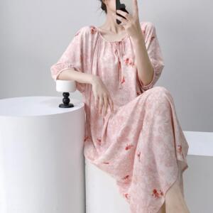 短袖棉绸睡裙女春夏季印花睡衣宽松大码长款家居服可外穿高级感