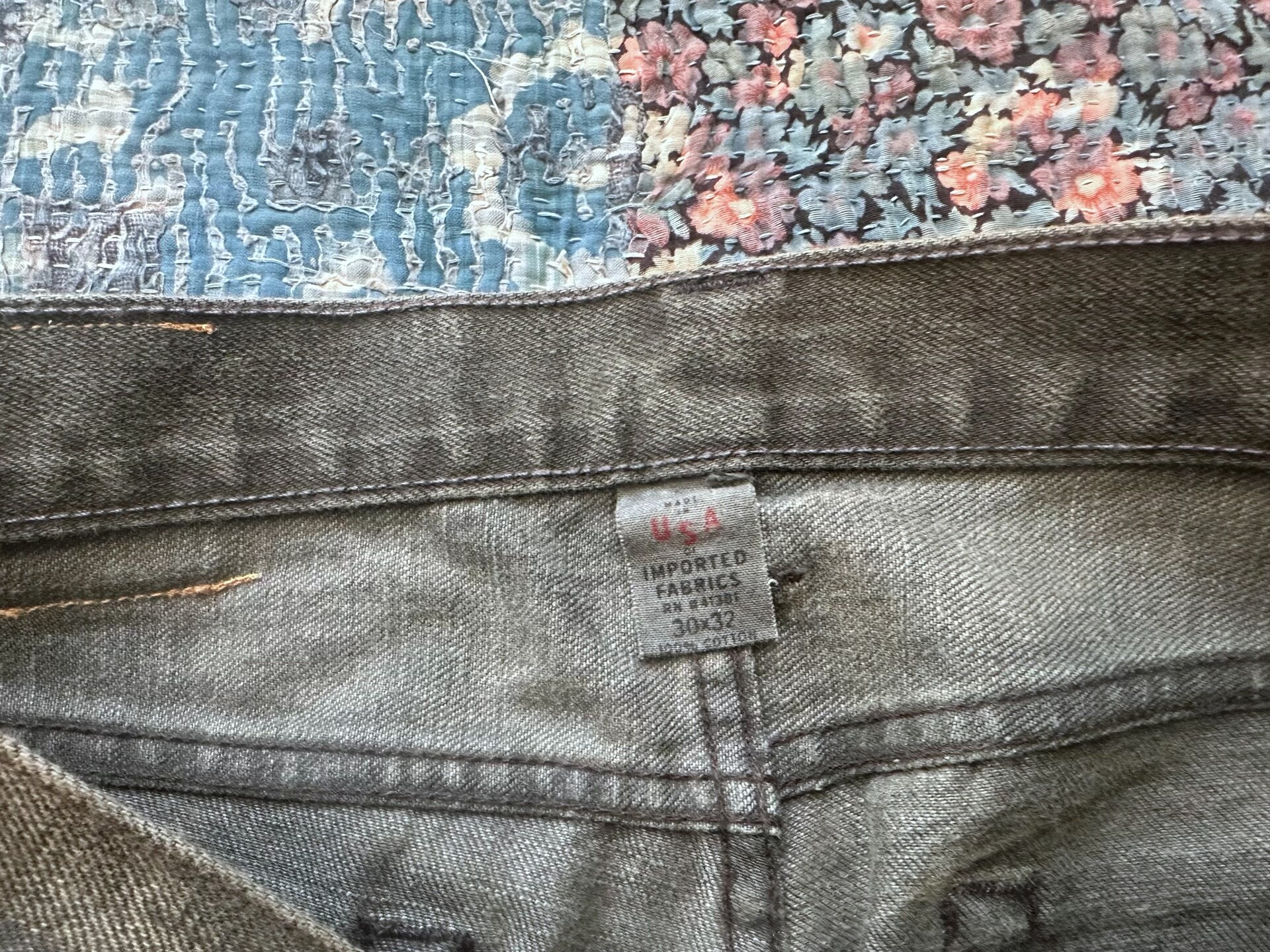 RRL Slim Fit Brownish-Green Distressed Jeans — label