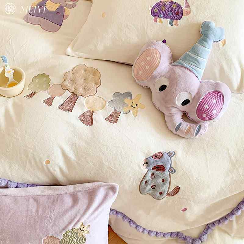 卡通动物保暖牛奶绒四件套刺绣被套冬季加厚儿童三件套床上用品绒,床上用品,床品套件/四件套/多件套,淘宝优惠券,粉丝福利购,淘宝优惠卷