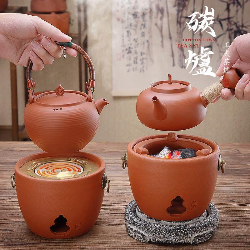 潮州砂铫壶红泥煮炭炉复古工夫茶烧水茶炉套装电碳两用侧把煮茶壶