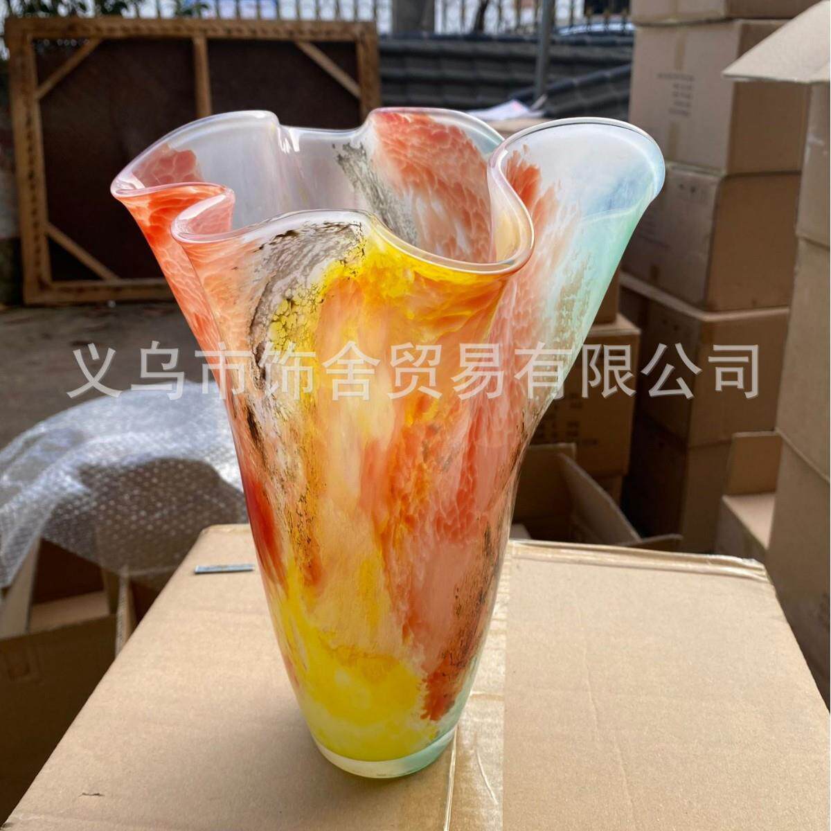 彩色肌理皱褶大口径中古风花瓶北欧手工琉璃玻璃花瓶花器摆件高级