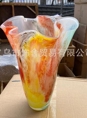 彩色肌理皱褶大口径中古风花瓶北欧手工琉璃玻璃花瓶花器摆件高级