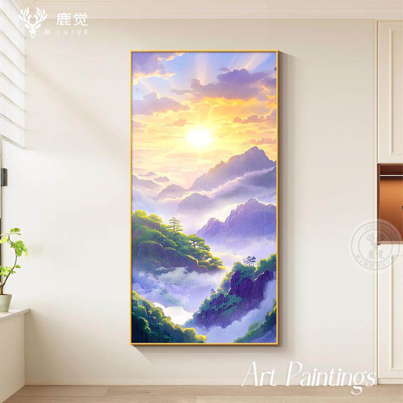 紫气东来入户门玄关装饰画背有靠山客厅走廊过道悬挂画竖版山水画