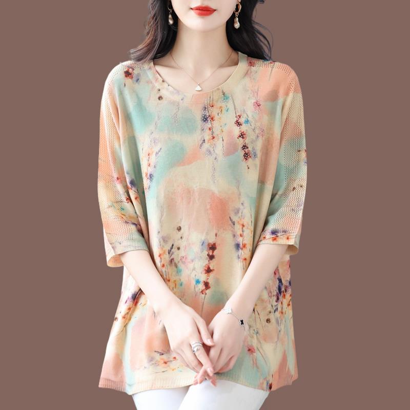 胖mm加大码桑蚕丝T恤女宽松外穿时尚韩版针织冰丝妈妈装印花遮肉