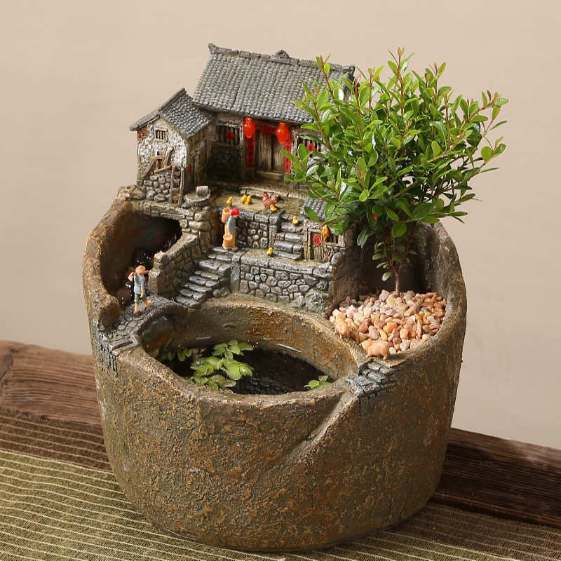 创意流水摆件循环水玄关永动客厅造景鱼缸禅意造景桌面装饰品复古