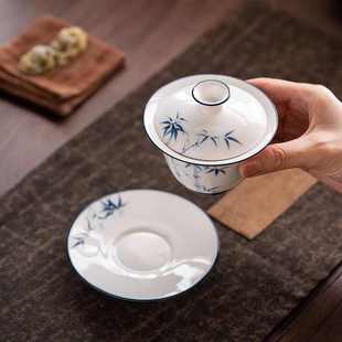 白瓷手绘三才盖碗茶青花盖碗釉下彩单个茶具陶瓷功夫茶杯家用茶碗